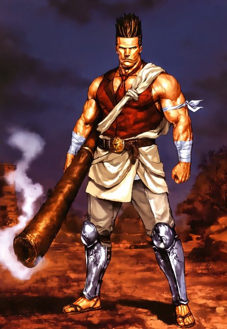 safe_pos, masterpiece, best quality, amazing quality, very aesthetic, absurdres, newest, jhunteribilxl holding a gigantic cigar, jhunterilxl, 1boy, male focus, mature male, clean shaven, tall raised hair, brown hair, red necktie,  toned male, tall, brown eyes, full body, night, ancient greece backdrop, serious expression, dynamic pose, gigantic cigar, sandals, belt, muscular, red underneath vest, white toga, greaves, belt buckle, single cloth armband, leg bandages, dutch angle