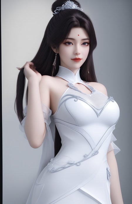 (looking_at_viewer:1.4),full_shot,holding_hair,1girl,solo,dress,hair ornament,portiart,from front,masterpiece,(best quality),official art,extremely detailed cg 8k wallpaper,crystalstexture skin,(extremely delicate and beautiful),solo,realistic,photo_\(medium\),hiqcgbody,chinese background,eye-contact,(smile:0.7),jewelry,absurdres,incredibly absurdres,huge filesize,<lora:æå©µ_V1-000001:1>,