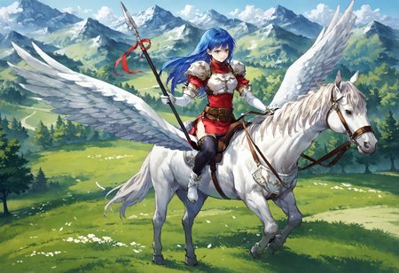 score_9,score_8_up,score_7_up,extreme detailed,full_body,zPDXL BREAK sky,flying,
<lora:Pony_DetailV2.0:1>,pegasus knight,horse,horseback riding,pegasus,<lora:pegasus knight:0.8>,caedadef,blue eyes,blue hair,long hair,bangs,turtleneck,red shirt,shoulder armor,pauldrons,breastplate,multiple belts,brown belt,white gloves,elbow gloves,red skirt,black thighhighs,white boots,<lora:caeda-fe-richy-v1_pdxl:1>,fighting stance,holding_spear,charging forward,