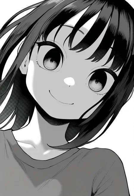 best quality, amazing quality, very aesthetic, absurdres,
greyscale, monochrome,
1girl, black hair, shirt,
smile, upper body, solo, looking at viewer, simple background, white background,    <lora:PokemonAdventuresNoobLocon_byKonan:1>