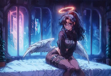 score_9,score_8_up,score_7_up,score_6_up, 1girl, 
 sitting in bed next to a large window, hands between thighs, wearing croptop hoodie, black croptop hoodie, long hair, black hair, blue strip in hair low ponytail hairstyle, angel, angelic girl, white wings, halo, glowing halo, black eyes, <lora:DetailedEyes_V3:1> <lora:add_detail:1>, pov from the side, sitting on the bed, hoodie, plants on the windowsill, looking out the window, looking away from viewer, background through window is vast space, galaxy background, wearing tights, leggings, black tights, thighs, night time, cyberpunk city view out of the window, neon light, purple neon lights, raining outside, heaving rain outside, girl is dry, no rain inside