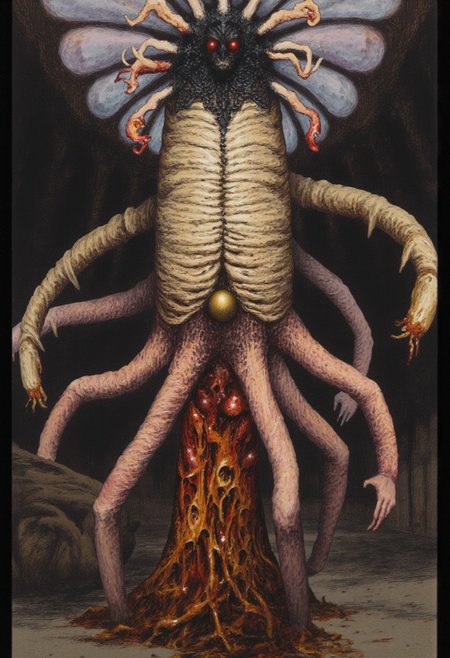 b3rs3rk macro lens d4concept pov, 3D01S, simple background d4artstyle atmospheric and powerful MikeFranchinastyle dark fantasy, natural organic and first person pov of a berserk style creature in the
Tsutomu Nihei style 
Biomechanical eldritch horror, 8k ultra-detailed grotesque fantasy. Towering vertical creature with writhing tentacular mass. Central cylindrical body structure with ornate bone-white chitin plates and spiraling organic patterns. Multiple serpentine appendages ending in spherical golden pods, dripping viscous fluid. Upper portion crowned with elaborate curling tendrils resembling baroque scroll work, black against cream coloring.
Body texture transitions between polished ivory carapace and soft, translucent flesh in amber and crimson hues. Anatomical fusion of cephalopod and insectoid elements. Segmented exoskeleton with exposed organic matter between plates. Multiple jointed limbs with arthropod-like articulation. Vertical orientation suggests deep sea creature adapted to land.
Ethereal lighting emphasizing organic-mechanical fusion. Environment suggests ancient ruins or forgotten temple. Hyper-detailed texturing on both hard and soft tissue. Style merges biological horror with classical architectural elements. 
UHD letterboxed game trailer frame chromatic aberration dark atmosphere sharp masterpiece with a focus on the character, elden ring style, dark atmosphere, chromatic aberration