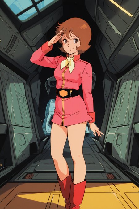 masterpiece, best quality, amazing quality, absurdres, frawbow79, brown hair, solo, smile, salute, looking at viewer, standing, pink military uniform, yellow ascot, bare legs, red boots, medium breasts, indoors, spacecraft, science fiction, retro artstyle