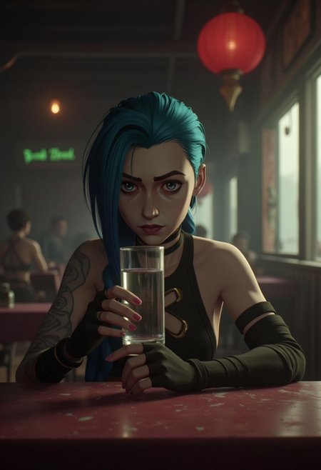 a realistic shot in turkish restaurant, first person look, detailed background, The restaurant is half full, ultra realistic, in front of the camera jinx sit table, jinx drink water