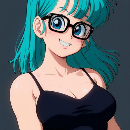 retroscifi, bulma[, dragonball::0.8],blue hair,blue eyes,black-framed glasses, smile, reddish face ,tilt head, camisole,upper body,close up sexy pose,nsfw,4k,high quality,facing the audience,  anime coloring ,anime,wallpaper,ultra highres,4K,photography,(Beautiful, large breasts:1.2),(beautiful face:1.2),masterpiece, best quality, high quality, detail, highres, score_8_up