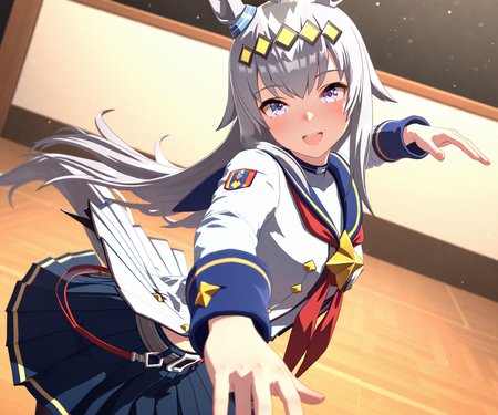 masterpiece, best quality, amazing quality, , 1girl, solo,  looking at viewer, dancing,  smile, open mouth,  <lora:Oguri Cap in game style 3D ILL-v2:1> ummsmingame, 3d, oguri cap \(umamusume\),