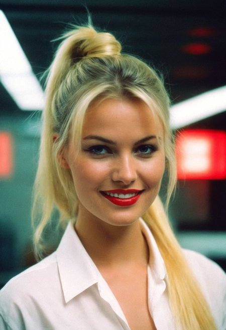 CinematicPortrait woman (analog photo) blonde (smile slavic ) ponytail masterpiece indoors, (glossy dark lipstick), grey eyes, (neon lights office), (soft focus, depth of field, film grain), (((looking at viewer))) <lora:CinematicPortraitXL_v3:0.25>  <lora:EuroBabe-v4-XL:0.35>