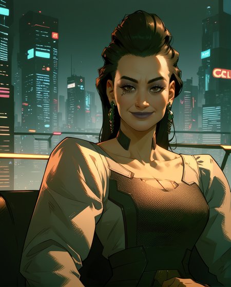 score_9,score_8_up,score_7_up,
elizabeth,brown eyes,black hair,hair slicked back,makeup,
earrings,long sleeves,dress, 
looking at viewer,   smile, 
  sitting, 
fancy bar,cyberpunk,cityscape,
<lora:ElizabethPeralezcp077-10:0.8>,