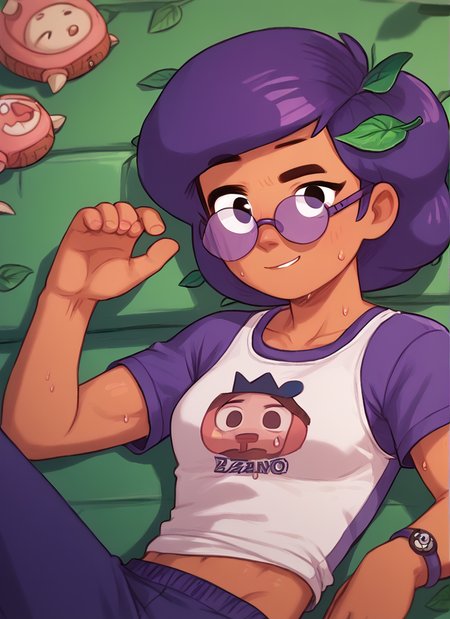 score_9, score_8_up, score_7_up,   <lora:bsrosa:1>bsrosa , 1girl, purple hair,  leaf hair ornament, dark skin   ,looking at viewer,  sweat, breast   , glasses, boring , lying lazily on the couch, shirt, pants , light smile,  <lora:PossumMachine:1>posmach  , medium hair,