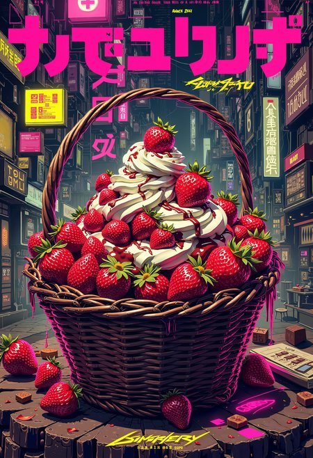 bo-cpposter, a cyberpunk poster of, a beautifully decorated basket filled with strawberries, whipped cream, and chocolate<lora:boFLUX Cyberpunk Poster v2.safetensors:1.0:1.0>