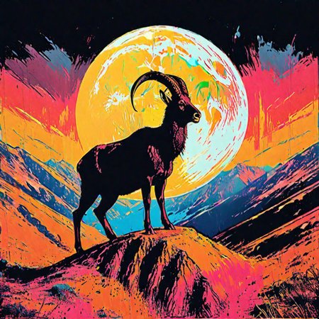 impactful color paint of, 1 walia ibex standing on top of a cliff under 1 white moon, black silhouette against white moon, black cliff, black  sky, highly detailed, vibrant colors, 8k, sharp, professional, clear, high contrast, high saturated, vivid deep blacks, crystal clear