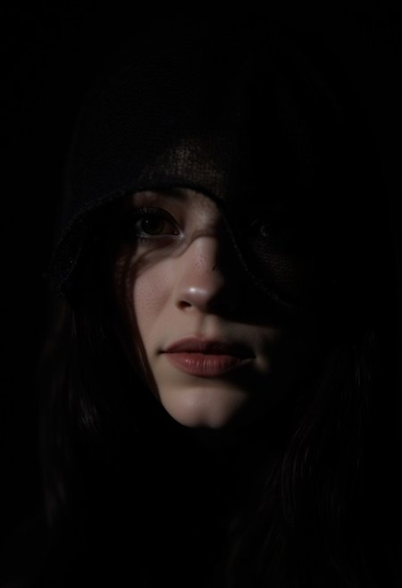 A mysterious young woman KTNK with her face partially obscured by a black veil. Only her face are visible, forming a enigmatic smile. The rest of the image is blurred, focusing solely on her lips. The lighting is soft, casting a faint shadow over her face, adding to the intrigue. The scene feels intimate and secretive.