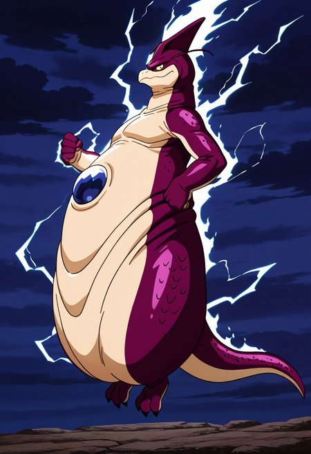 masterpiece, ultra-detailed, best quality, newest, absurdres, anime screenshot, shaded, fully rendered BREAK, rageshenron, small, male, belly fold, skin folds, leg raised, tail, smug, snob, looking at viewer, thick thighs, 3 toes, 3 digits, akimbo arms, levitating subject, BREAK, wide white lightning aura, white lightning, close view, side view, full body, dark blue clouds background, solo,<lora:Rage_Shenron_Illustrious:1>