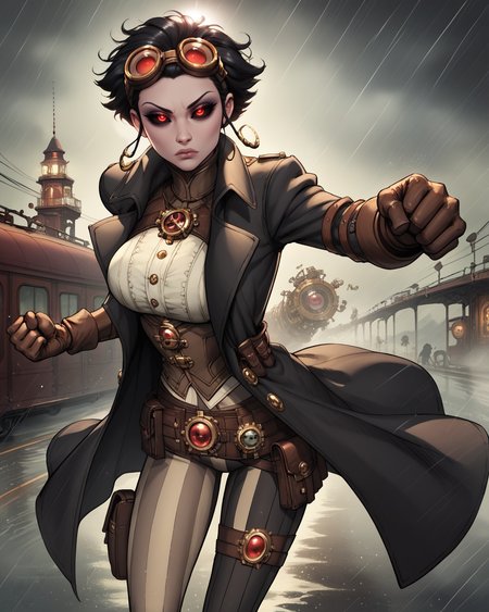 score_9, score_8_up, score_7_up,score_6_up, score_5_up, score_4_up , 1girl solo,
large breasts,
LadyM_DG,
black sclera, red eyes, black hair, short hair,eyeshadow, 
asymmetrical legwear, gloves, belt,belt pouch, steampunk,striped pants, black pants, goggles on head, trench coat, black coat,
black coat, wind,  
 fog, rain,
fighting stance, battle, clenched hands, midair,
half-closed eyes,  glowing eyes, looking at viewer, 
 <lora:Lady Mechanika (PonyXL) v01-000003:0.90>
