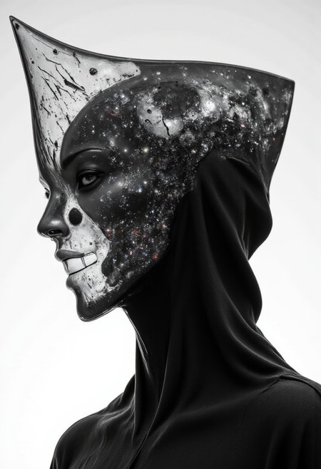 A rootform celestial, ethereal portrait of an infinite godlike oak tree being. Its head is a vast, translucent expanse, revealing swirling galaxies, cosmic storms, and nebulae endlessly shifting within. A dark, sleek robe, adorned with intricate, ancient glyphs of unknown origin, drapes over its form, merging technology with divinity. The face is an abyss—an unfathomable void filled with the luminous dance of stars and time itself. The cosmic background extends infinitely, woven with nebulae and stardust, suggesting the deity's boundless presence. Dramatic lighting emanates from the being’s core, casting radiant highlights across its crystalline essence. The mood is transcendent, awe-inspiring, evoking the silent majesty of an omniscient force. A surreal fusion of sci-fi and divine mysticism, with high contrast and deep shadows. The perspective, slightly below, reinforces its overwhelming presence. The being exists beyond time, beyond space—an eternal watcher, gazing through the infinite fabric of existence. nistyle, monochrome Manga Sketch, extreme pointed hood Closeup, a dark ethereal ghosts black hood, Killing Gaze smile, eerie, eyes Shrouded in darkness, hyperdetailed manga sketch style, with bleached vibrant red color Highlights, grey, and white color grading. Translucent orange Backdrop with Glitch effects in another contrast application