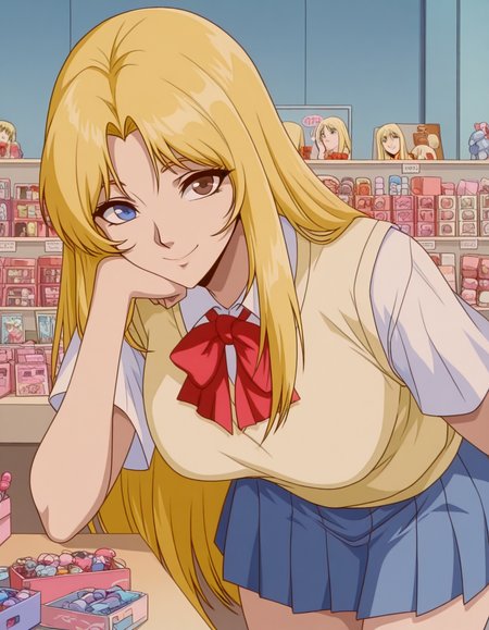 masterpiece, best quality, amazing quality,, <lora:urumi-kanzaki-anime-illustriousxl-lora-nochekaiser:1>, urumi kanzaki, parted bangs, heterochromia, brown eyes, long hair, blue eyes, blonde hair, sidelocks, mature female, breasts, anime screencap, school uniform, sweater vest, yellow sweater vest, shirt, white shirt, collared shirt, short sleeves, skirt, blue skirt, pleated skirt, bowtie, red bowtie,, sex shop, toys, privacy, items, unique, , head rest, smile, looking at viewer, solo,, cowboy shot, solo