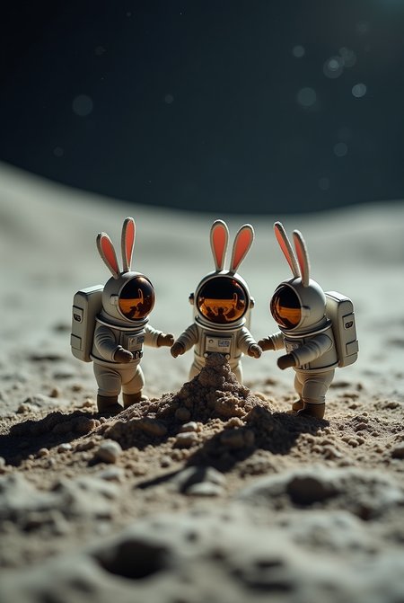 4 tiny creatures wearing space suit, with a round helmet with metalic rabbit ears, building sand castle on the moon. intricately detailed dramatic lighting, funny, playful, high-speed action shots. intense cinematic , raw, analog