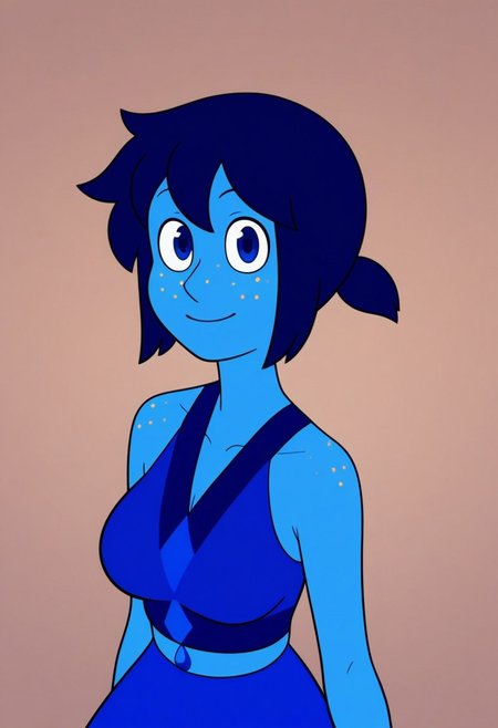 ((bedroom background)),score_9, score_8_up, score_7_up,score_6_up, 
1girl, Solo, NiceLapis_SUF, azure skin, golden freckles, dark blue eyes, dark blue hair, short hair, hairstyle low ponytail, gemstone on her navel, blue top with dark blue details, long blue skirt, barefoot, tall stature, social smile, perfect eyes, perfect smile, looking at the viewer, big breasts, detailed eyes, perfect eyes, cute, standing, (front view,bust shot,close up to face,face portrait:1)