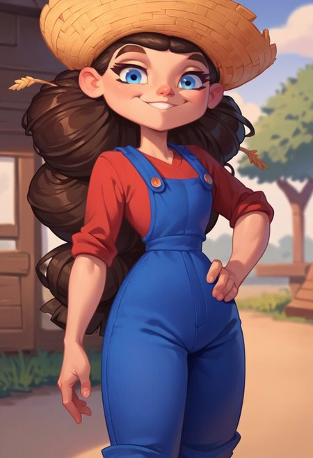 score_9_up, score_8_up, score_7_up, 1girl, solo, m4vis, straw hat, blue eyes, brown hair, long hair, blue overalls, red shirt, cowboy shot, looking at viewer, hand on own hip, smile, outdoors, blurry background
