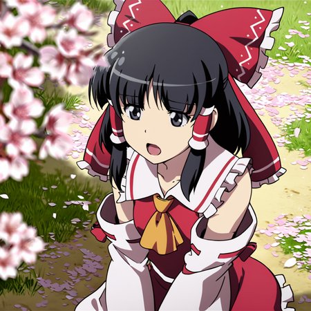 masterpiece, best quality, <lora:tgm-xl-a3.1:1>, pixiv,
1girl, solo, hakurei reimu, black hair, cherry blossoms, hair tubes, bow, hair bow, open mouth, red bow, black eyes, blurry, depth of field, tree, short hair, frills, ascot, grass, outdoors, upper body, ribbon, petals, detached sleeves, parody, collarbone