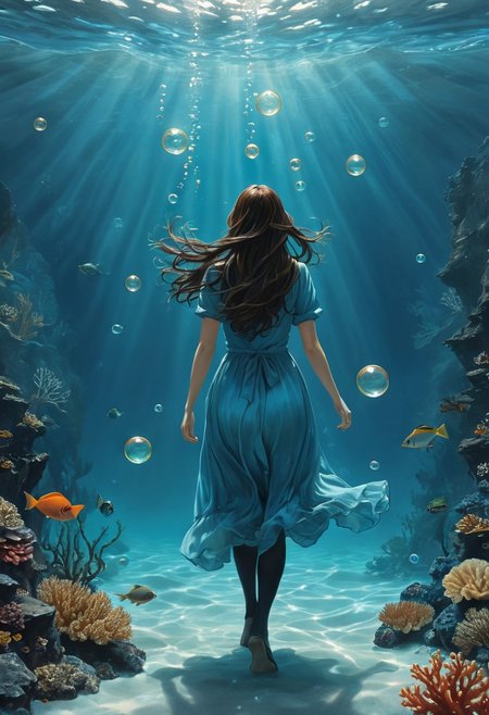 (water-colored), illustration, style of Jessica Galbreth,
(far view, far shot, rear view, facing away:1.3),
(Alice, very long dark brown hair,  hair rim lighting, hair in the wind, blue maid dress with short sleeves, black tights, black shoes:1.5), 
fog, dreamy, dream, coral, fish, sea weed
(walking, under water, bubbles, coral, fishes, sea weed, ship:2)
