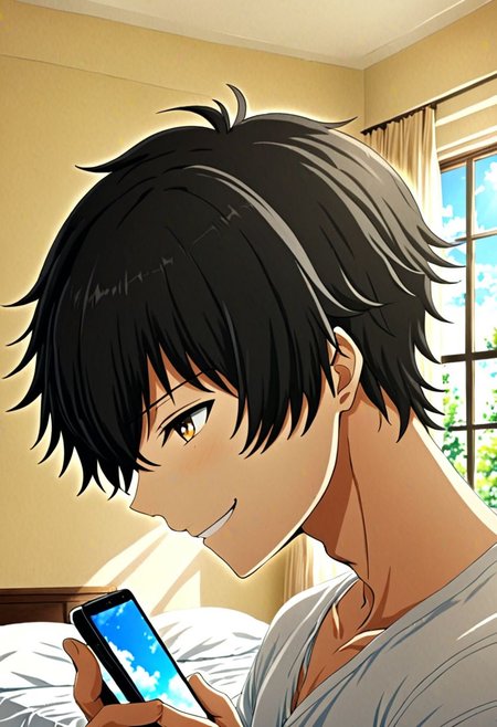 high resolution, solo, best quality, 1Boy, Seiya Kanie, black hair, short hair, holding smartphone, on the bed, sunny day, window, smile, side view, OverallDetail
