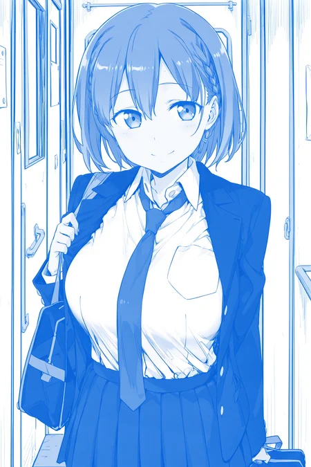 anime screencap, anime coloring, detailed face, masterpiece, best quality, very aesthetic, absurdres, volumetric lighting, official style, amazing quality, ultra detailed, highres, amazing quality, scenery, beautiful detailed hair, beautiful detailed eyes,
 <lora:Ai-chan_Tawawa_on_Monday:1>
blue theme, monochrome, official style, 
Ai-chan (character), 1girl, solo, bag, necktie, skirt, school uniform, breasts, smile, large breasts, short hair, jacket, school bag,
cowboy shot