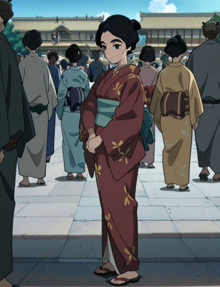 masterpiece,best quality,newest,absurdres,highres,detailed eyes,beautiful,detailed background,perfect eyes,anime coloring,anime screencap,
<lora:Miss_HOKUSAI:1>sarusubeniV1,
black hair,kimono,japanese clothes,
closed mouth,1girl, standing, full body, 
black eyes,m_oei, solo focus, solo, 
outdoors, day,  crowd,