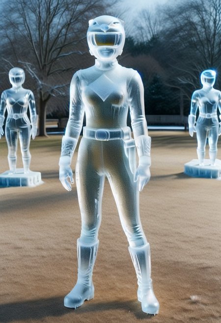 ice statue of female yellow-power-ranger, alone, morphed, helmet, ice catsuit, ice gloves belt boots holster, entirely made of ice, standing square-on, in rural park, arms slightly-outstretched, full body photo, hyperdetailed photography