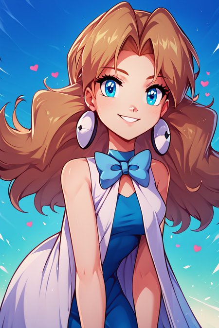 score_9, score_8_up, score_8, medium breasts, (curvy), cute, eyelashes,       BREAK, , <lora:Molly_Pokemon_PDXL:0.8>,  zzMolly,  blue eyes, brown hair, parted bangs, long hair,  jewelry, earrings, bow, bowtie, sleeveless, blue bow, dress, white coat,  , BREAK, looking at viewer,  smile, upper body, leaning forward, head tilt,  embedding:zPDXL, Expressiveh, <lora:theButcherXPDXL:1.0>, <lora:CatalystStylePDXL:0.6>,  <lora:SDXLFaeTastic2400:0.5>,  <lora:Expressive_H-000001:0.4>,