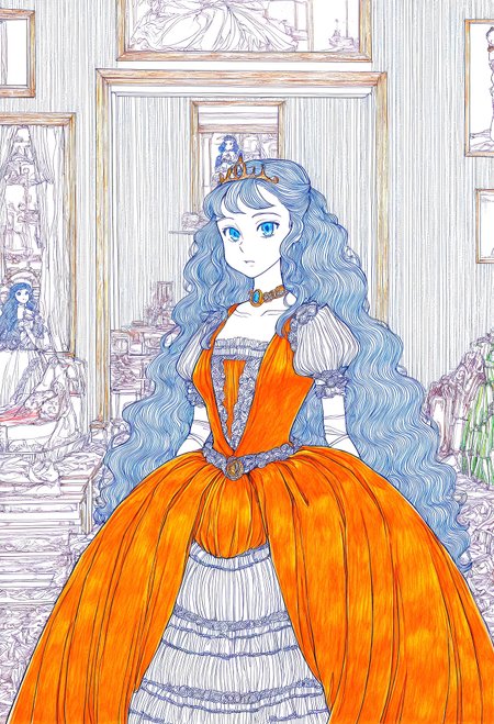 high quality, newest, hires, reduced color pallete, marker \(medium\), 1girl, solo, blue eyes, looking at viewer, dress, princess,  indoors, bedroom, cowboy shot,