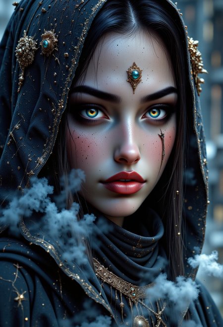 A breathtaking, 8K, photorealistic close-up portrait of a young woman, exuding confidence and strength, with an otherworldly aura, as if she carries the universe on her shoulders, her gaze piercing through the subtle, eerie fog that surrounds her, illuminated by a faint, soft, ethereal glow, evoking an epic, majestic atmosphere, reminiscent of a fantasy art masterpiece, perfect for a cover art, with a dreamy, painterly quality, blending the styles of mythp0rt, DB4RZ, and Jedwtrexp, with subtle watercolor textures.
