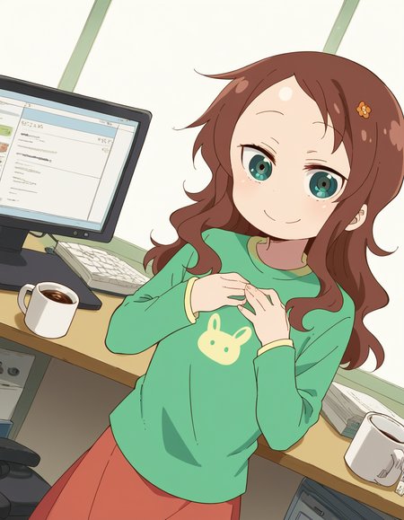 score_9, score_8_up, score_7_up, source_anime, <lora:riko-saikawa-s2-ponyxl-lora-nochekaiser:1>, riko saikawa, long hair, brown hair, green eyes, hair flower, hair ornament, flower,, skirt, shirt, long sleeves, red skirt, white socks, green shirt,, home office, working from home, computer screen, coffee cup, focus, deadline, smile, looking at viewer, hands on own chest,, solo,, dutch angle,