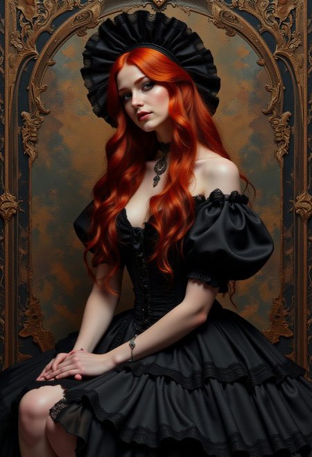 darkfantasycollagestyle, art nouveau style dark white "Armitage Codebusting", elegant, decorative, curvilinear forms, nature-inspired, ornate, detailed, <lora:flux-collagestyle:1>, holy, elaborate, perfect composition, ambient illumination, luxurious, dynamic dramatic beautiful full taking, red hair, dark short dress,PsychadelicChaos,Her long, flowing red hair cascades down her back, styled with delicate frills and adorned with a frilled hairband that features intricate lace trim. Perched atop her head, a charming bonnet enhances her whimsical look.
She sits gracefully, her bare shoulders accentuated by the elegant puffy short sleeves of her black dress. 
The dress is a masterpiece of design, featuring layers of soft fabric with frills that sway softly as she shifts.