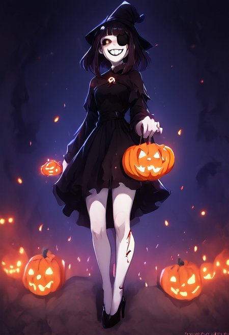 1girl,  kanamori sayaka, ((Goth Girl with very pale skin))  , eyepatch on left eye, smile, grin, black lips, big lips, teeth
BREAK
score_9, score_8_up, score_7_up, score_6_up, source_cartoon, rating_explicit 
GothMakeup
MuscleBae
BondageAttire
black hair bow, black sclera, colored sclera, yellow eyes, short black hair, braids, black dress, black high heels,  stitches, injury, scars, + +, injury, scars, blood, black tears, tr1ck0rtr3at, holding, Halloween bucket, doorway, street background, witch hat, Pumpkin spell, zPDXL3, jack-o'-lantern, trees, falling leaves, yellow orange and red leaves,