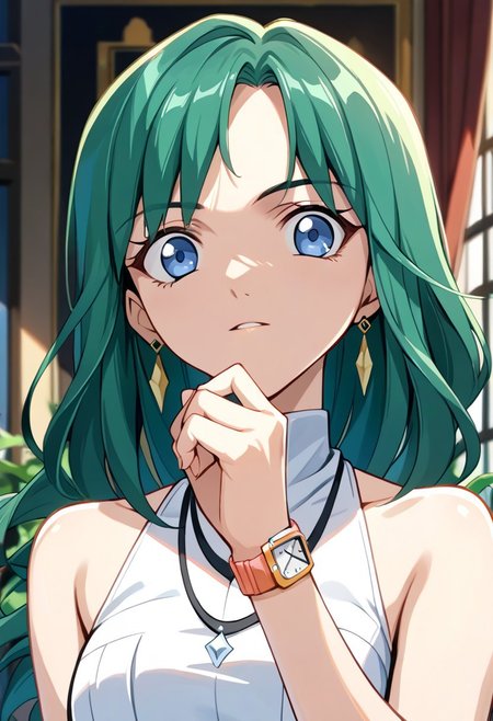 score_9, score_8_up, score_7_up, source_anime, JEWELS (BAKUGAN), 1girl, solo, green wave hair, looking at viewer, jewelry, upper body, golden earrings, bracelet, watch