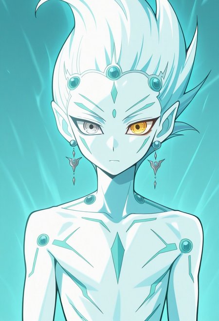 masterpiece,best quality,amazing quality, source_anime, 
astralzx, 1boy, male focus, solo, blue skin, spiked hair, pointy ears, earrings, heterocromia, grey eyes, yellow eyes, upper body, aqua theme,