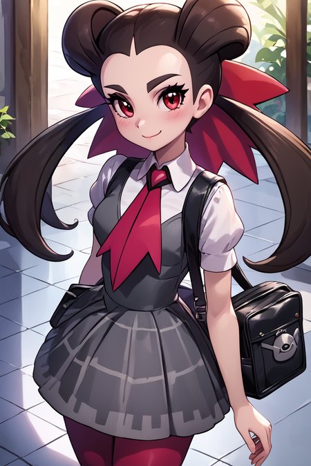 score_9, score_8_up, score_8, medium breasts, (curvy), cute, eyelashes,       BREAK, , ,,,   zzRoxanne, red eyes, long hair, brown hair, twintails, hair pulled back, pantyhose, ascot, grey dress, short sleeves, ribbon, shirt, hair ribbon, <lora:Roxanne_Pokemon_PDXL:1.0>, ,,, , BREAK, closed mouth, alternate costume, smile, looking at viewer, collared shirt, blush, sweater, black skirt, eyelashes, long sleeves, sleeves past wrists, plaid skirt, shoulder bag, black bag, blurry, tile floor, pleated skirt, white shirt, cowboy shot, ,,, embedding:zPDXL, Expressiveh, ,,, <lora:Vivid:0.7>, <lora:Uncensored_PonyXL_cpt_v02.09:0.4>, <lora:Expressive_H-000001:0.4>,
