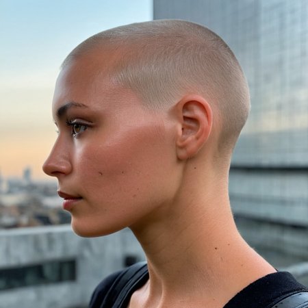 Buzzcut, no hair, bald, Blade Runner style, (Skin Texture, pores, natural,iPhone,RAW)), natural lighting, Highest Quality closeup Portrait photo of a woman wearing no makeup with a ((buzzcut)), side view, profile, silver eyes, Nikon Z9, realistic matte skin, blurry city in the background, 8K,