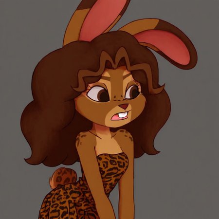 Br1anna,1girl,solo,furry,furry female,rabbit girl,brown hair,long hair,rabbit ears,brown eyes,animal nose,buck teeth,body fur,brown fur,rabbit tail, leopard print dress, strapless