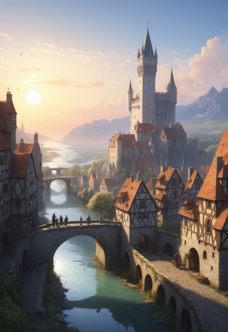 A masterful digital painting by Greg Rutkowski portraying the streets of a sprawling medieval city in a fantasy realm, with river, bridges, a white tower, walls, sparkling, majestic, beautiful, stunning, dreamlike, ethereal, magic, art, extremely detailed, masterpiece. The scene is set at sunset, with sharp focus and clarity. The landscape is featuring ultra-highly detailed and intricately posed characters. The intricate details and sharp focus of the painting give it a watercolor-like appearance, making it highly sought after and trending on ArtStation. The highly detailed and intricate elements of the scene are showcased in a studio photo, capturing the essence of a dreamlike, magical fantasy world.
 (8k uhd:1,4)
(((full-clothed))),
 <lora:add-detail-xl:1>
 <lora:Dynamic Poses:1>
