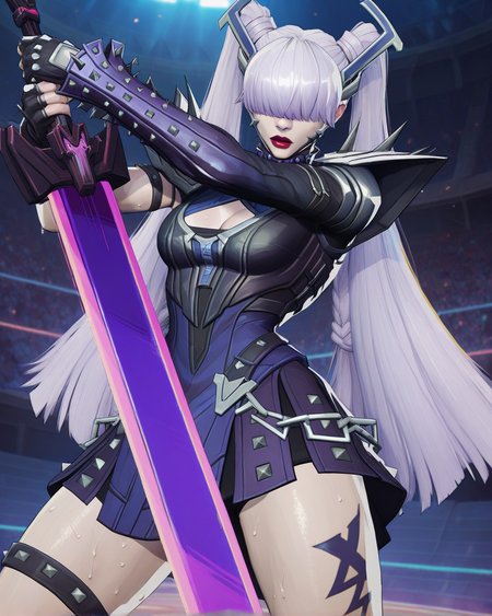 Masterpiece, 1girl,  solo, sword, gripping sword with two hands, sword up, determined look, battle pose, sweat, ripped clothing,
studded skirt, thigh strap, bangs over eyes,  hair ornament, twin tails, red lips, leg tattoo, pale skin, cleavage cutout, PkMagik, PkMagik_Armor, Battle Arena setting <lora:Magik_Punkchild_-_Illustrious:0.75>
