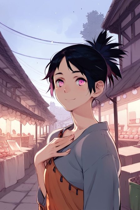 score_9, score_8_up, score_7_up, 1girl, happy, black hair, side-swept_fringe, pink eyes, medium breasts, hand_on_own_chest, market, foggy atmosphere <lora:toi8_PonyXL_style_v01:1>