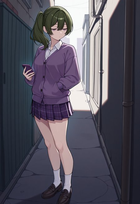 masterpiece, best quality, 1girl, solo, Ch4mUbel, purple eyes, dark green hair, medium hair, side ponytail, outdoors, alley, standing, bored, holding phone, looking at phone, purple cardigan, collared shirt, white shirt, plaid skirt, white socks, loafers, <lora:ChamUbelIllustriousXL:1>