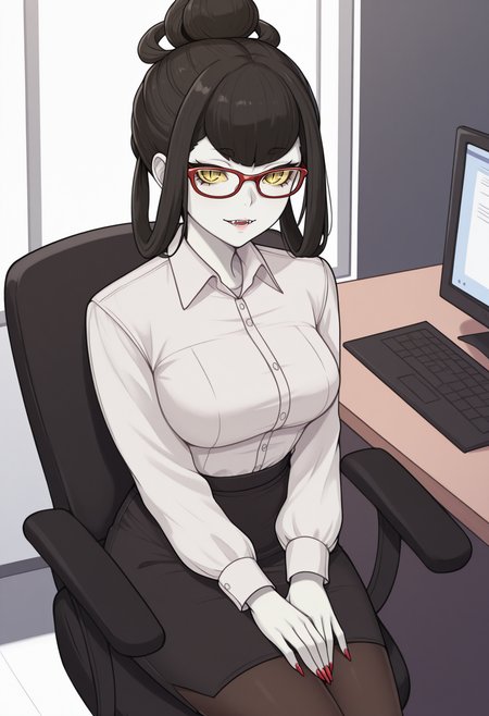 masterpiece, best quality, 1girl, sitting, looking at viewer, parted lips, fangs, hands on lap, red nails, <lora:NuwaSMT-illu:1> nuwa, black hair, hair bun, hair rings, glasses, red-framed eyewear, yellow eyes, slit pupils, pale skin, yellow sclera, dress shirt, medium breasts, mature female, long sleeves, pencil skirt, black skirt, pantyhose, office chair, desk, computer, collared shirt