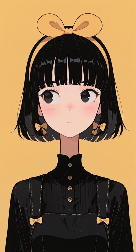 masterpiece, best quality, good quality, newest, highres, absurdres, 1girl, solo, blush, short hair, simple background, shirt, black hair, dress, bow, closed mouth, upper body, hair bow, hairband, blunt bangs, black dress, black eyes, black shirt, looking to the side, bob cut, yellow background, yellow bow, pinafore dress, yellow hairband, Flatline, Flat vector illustration,
klaus_style, <lora:illustriousXL_stabilizer_v1.23:0.3> <lora:NOOB_vp1_detailer_by_volnovik_v1:0.3> <lora:ponyv6_noobE11_2_adamW-000017:0.3> <lora:mon_monmon2133:0.7> <lora:checkpoint-e18_s306:1.3> <lora:klaus:0.5>