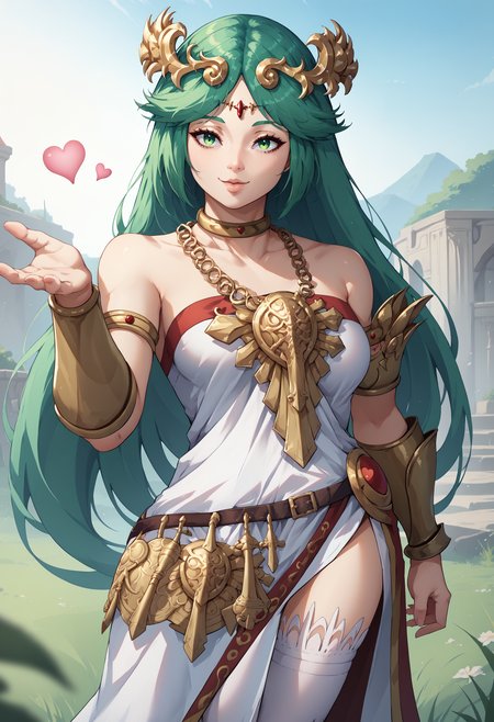 score_9, score_8_up, score_7_up, 1girl, plutena, green eyes, green hair, parted bangs, large breasts, forehead jewel, diadem, neck ring, gold choker, jewelry, gold chain, pendant, necklace, vambraces, armlet, circlet, tiara, collarbone, bare shoulders, strapless dress, white dress, multiple belts, side slit, single thighhigh, white thighhighs, <lora:Palutena_pdxl_Incrs_v1:1>, outdoors, <lora:FrierenBlowingKissMeme_XLPD:1> IncrsBlowingKiss, heart, blowing kiss, seductive smile,