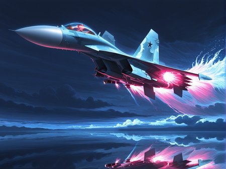 <lora:Su-27_Illustrious:1.1>,su-27 fighter jet,flying, reflection,  stormy sea, massive wave spray, dark clouds, afterburner glow cutting through mist, dramatic seascape, hyper‑detailed digital painting, masterpiece, best quality, amazing quality