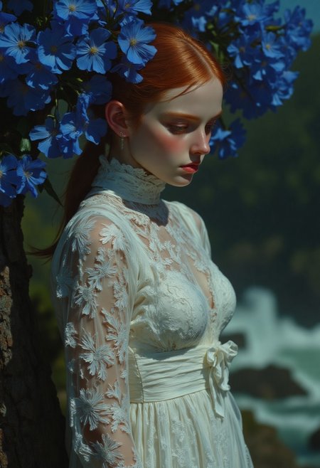 Nixport, a straight short portrait  A distant side profile shot captures a young woman with flowing red hair in a rain-soaked Victorian white lace dress that clings to her graceful silhouette. She stands quietly beneath a blooming blue jacaranda tree, gazing down at the rushing river below. Mist curls through the air as rain falls in delicate sheets, casting an ethereal veil over the dramatic riverside landscape. The wet lace hugs her form, delicate yet powerful, as fallen blue petals scatter at her feet. A few black dandelion seeds float gently around her, drifting through the rain like whispers of a forgotten dream.