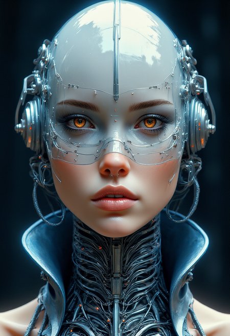 Cyberpunk highly detailed, high-resolution photograph, recypu style.

A futuristic, cyborg-like woman. The subject has a pale complexion and striking amber eyes that dominate the composition. Her face is framed by a sleek, transparent, blue-tinted visor that covers her eyes and upper cheeks, giving her a futuristic, otherworldly appearance. The visor is intricately designed with a web-like pattern of metallic wires and glowing blue lights, suggesting advanced technology.

The woman's lips are pursed, with a neutral, almost solemn expression. She wears a high-tech collar around her neck, also made of transparent, metallic material with glowing blue accents, enhancing the futuristic theme. The collar appears to be intricately designed with complex wiring and circuits, hinting at her cybernetic enhancements.

The background is a dark, almost black, gradient with subtle blue and white highlights, which creates a dramatic contrast with the subject's visor and collar. The overall style of the painting is hyper-realistic, with a focus on intricate detail and texture, particularly in the metallic components. The lighting is soft but directional, highlighting the subject's face and creating a sense of depth and realism. This image combines elements of science fiction and cyberpunk aesthetics.